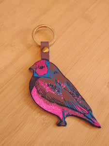 porte clef en cuir oiseau fushia brillant et bleu
